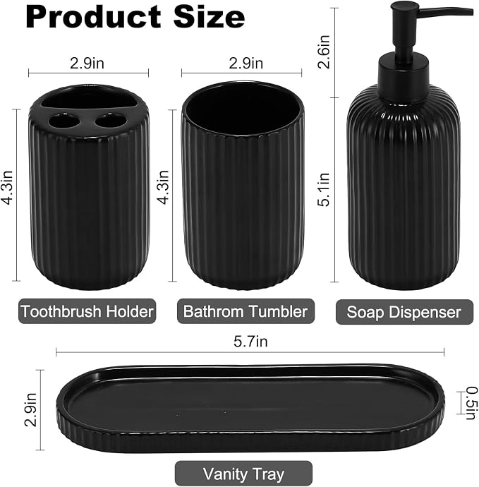 Black Bathroom Accessories Set, 4PC Ceramic Bathroom Sets Complete-Toothbrush Holders, Soap Dispenser, Vanity Tray, Toothbrush Cup, Sleek Black Bathroom Decor, Housewarming Gifts