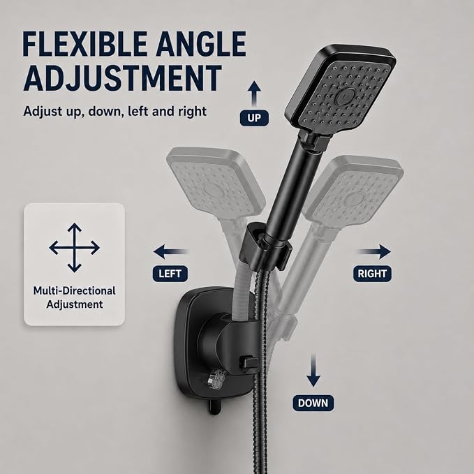 Black Shower Head Holder, Suction Cup Handheld Shower Holder, No Drill Adjustable Shower Wand Bracket with Lever Lock Removable Holder for Smooth Tile Glass Marble Metal Fits Most 1/2" Hoses