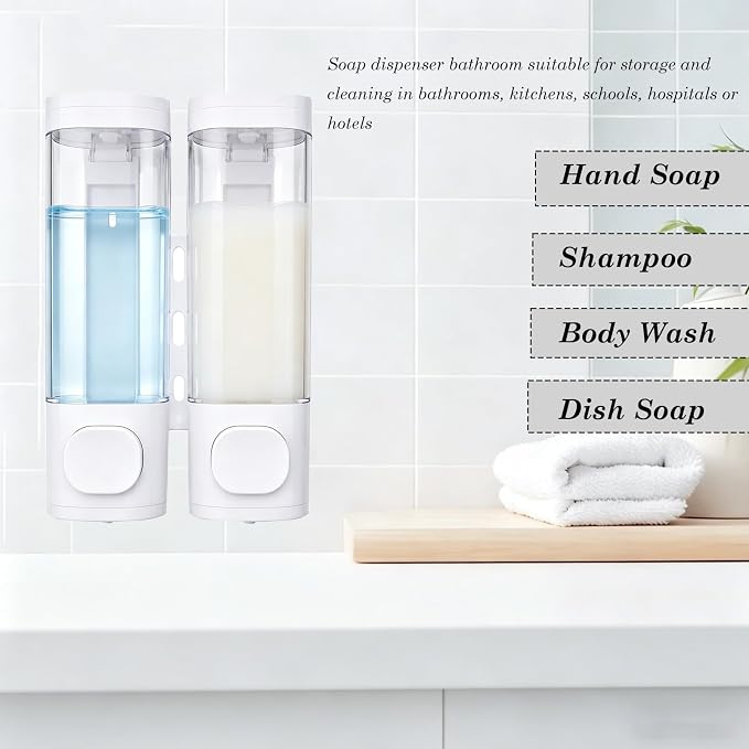 2-Chamber 10oz/300ML White Plastic Hand Wall Mounted Soap Dispensers | Refillable Shampoo Conditioner Shower Dispenser No Drill, Clear Manual Pump Dispenser for Bathroom Hotel Kitchen