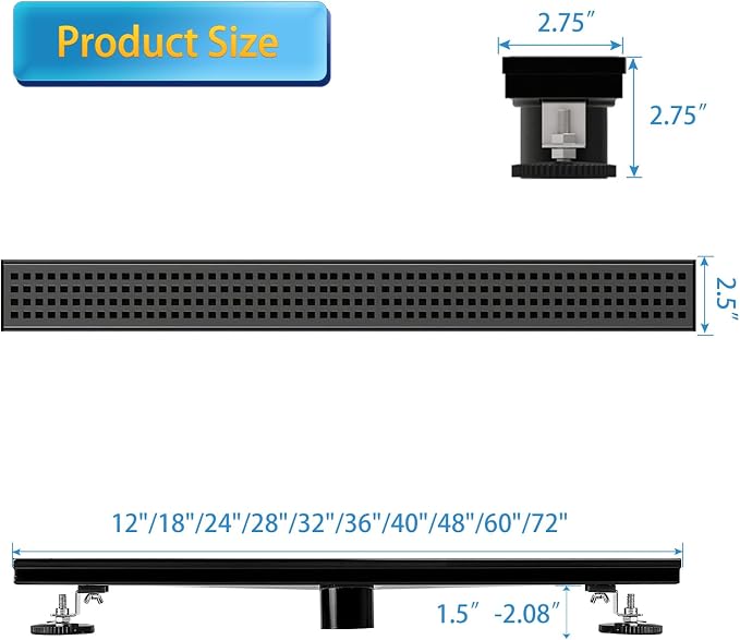 Linear Shower Drain, 36 inch Black Drain with Removable Grate Cover, Brushed 304 Stainless Steel Shower Floor Drain, Linear Drain with Hair Strainer and Adjustable Feet