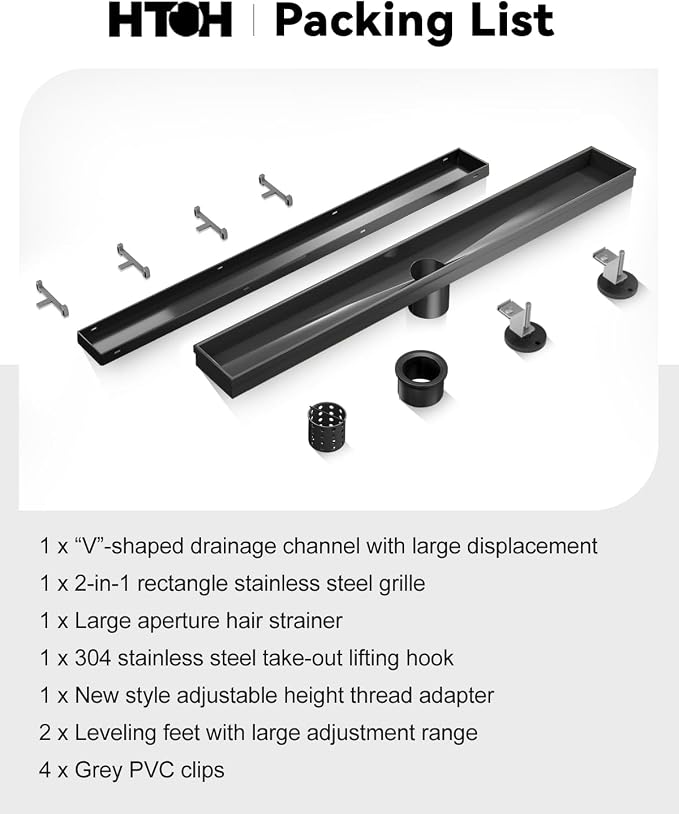 Linear Shower Drain, 54 Inch Black Shower Drain with Removable Tile Insert Grate, 2 in 1 Bathroom Modern 304 Stainless Steel Matte Black Shower Floor Drain with Adjustable Feet,Hair Filter