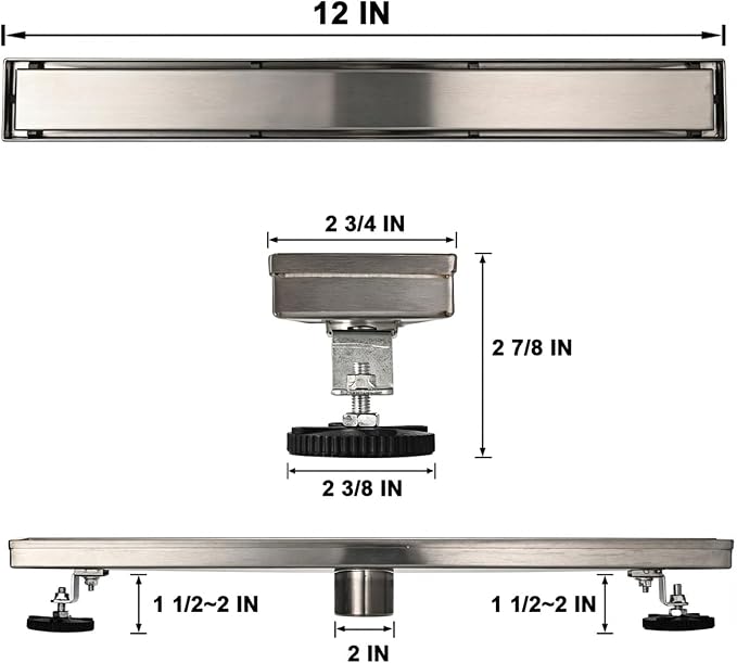 AVSIILE Linear Shower Floor Drain, 12 Inch Brushed Nickel 304 Stainless Steel Bathroom Drains Kit, Rectangular Shower Trench Drain with Reversable Tile-in Pattern Drain Cover & Hair Catcher
