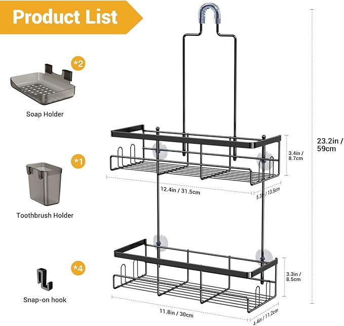 Hanging Shower Caddy Over Showerhead - Rustproof No Drill Shower Organizer | Includes Soap Holder and Hooks for Shampoo, Conditioner, and Bathroom Essentials with Quick Drainage Design