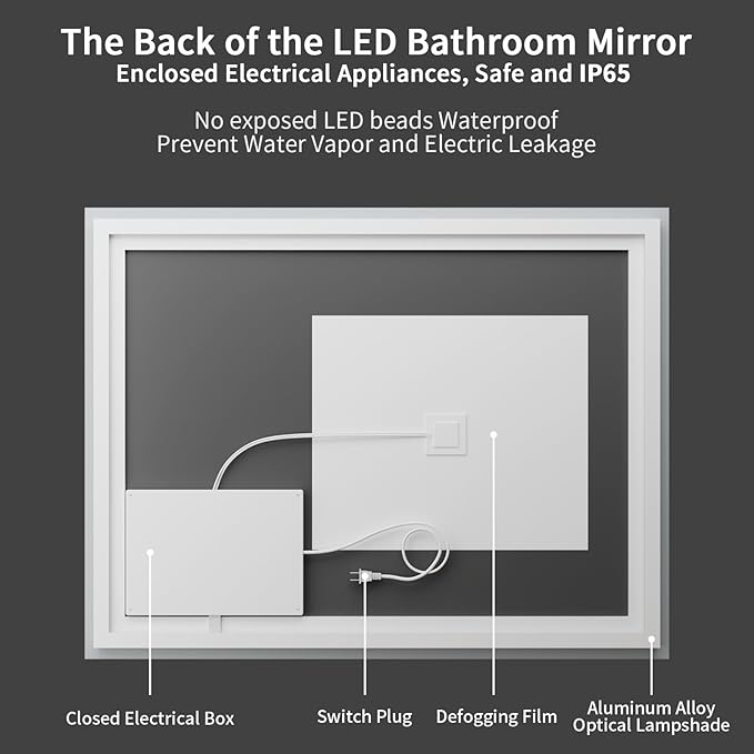 Koonmi 60x30 LED Bathroom Mirror with Light, Anti-Fog, 3 Colors | Backlit + Front Lit, Dimmable Brightness, Shatterproof HD Distortion-Free Tempered Glass, Hardware Included