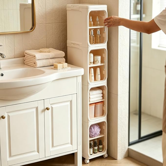 4-Tier Slim Bathroom Storage Cabinet, Tall Narrow Storage Cabinet with Movable Wheels, Adjustable Shelves, Skinny Bathroom Storage Organizer for Small Space, Bathroom, Kitchen, Laundry, Cream White