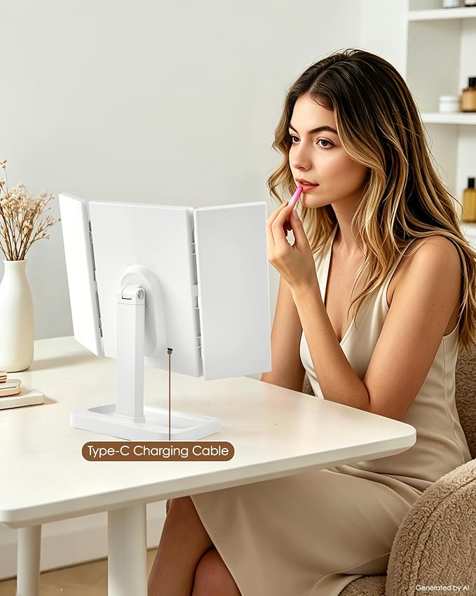 BWLLNI Trifold Vanity Mirror with Lights, Smooth Surface Makeup Mirror | 2X/3X Magnification, 3 Colors Dimmable, 270° Rotation, Height Adjustable Stand with Storage Base