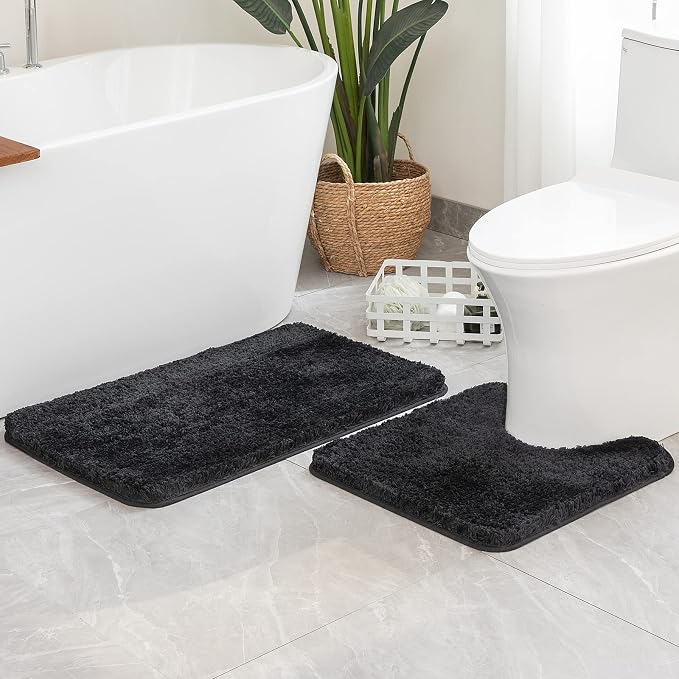 MIULEE Black Bathroom Rugs Set 2 Piece Soft Bath Mats 20x20+20x32 Inch | Absorbent Microfiber Bath Mat and U-Shaped Toilet Rug, Non Slip, Quick Dry, for Bathroom Floor Tub Showers, Machine Washable