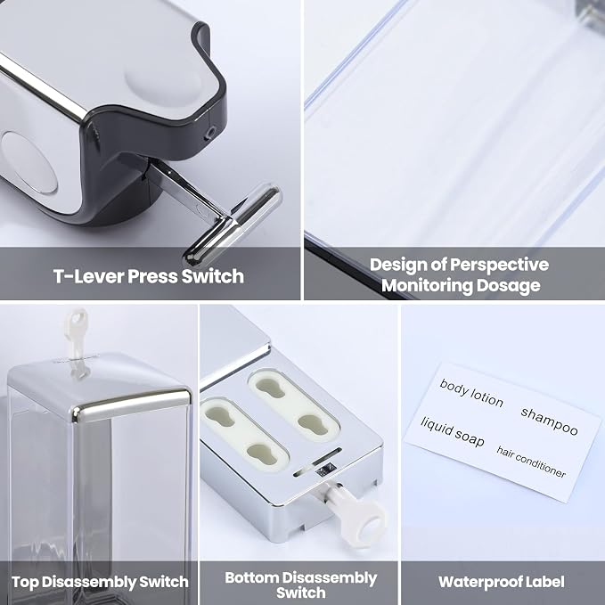 EHORIA Shampoo and Conditioner Dispenser, Shower Soap Dispenser | Shower Dispenser 2 Chamber No Drill, Wall Mounted Refillable Bottles, Shower Accessories for Bathroom, RV&Hotel,18.6oz 2 in 1