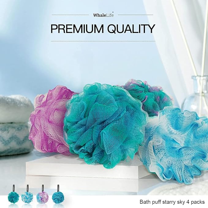 Loofah Sponge Bath Sponge for Women Men 4 Pack (Blue Conbine) | 10X Suds Save Body Wash Double Knotted Anti Tear Core Fast Dry Cotton Loop Stay Fresh Large Mesh for Sensitive Skin