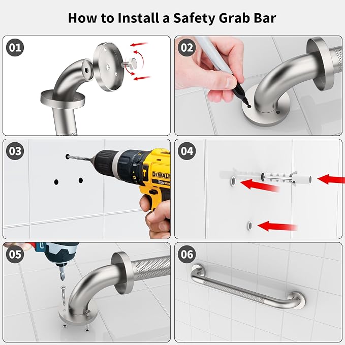 Brushed Nickel Grab Bar 20 Inch, iHansee Bathroom Grab Bar w/Anti-Slip Knurled Grip, Stainless Steel Safety Handicap Bars, Wall Mounted Balance Support Handrail Shower Handle for Senior Elderly