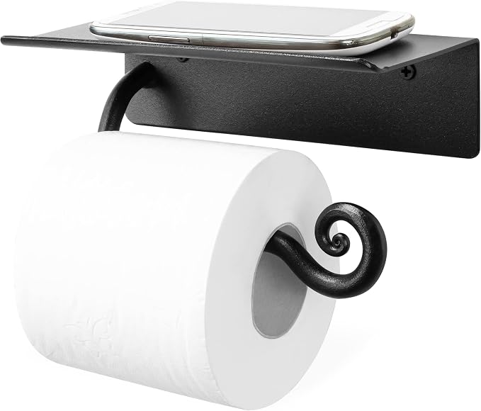 RTZEN Bathroom Toilet Paper Holder with Shelf - Handcrafted Rustic Wrought Iron Wall Decor Toilet Roll Holder - Black Matte Wall Mount Bar for Modern Farmhouse Bathroom Decor