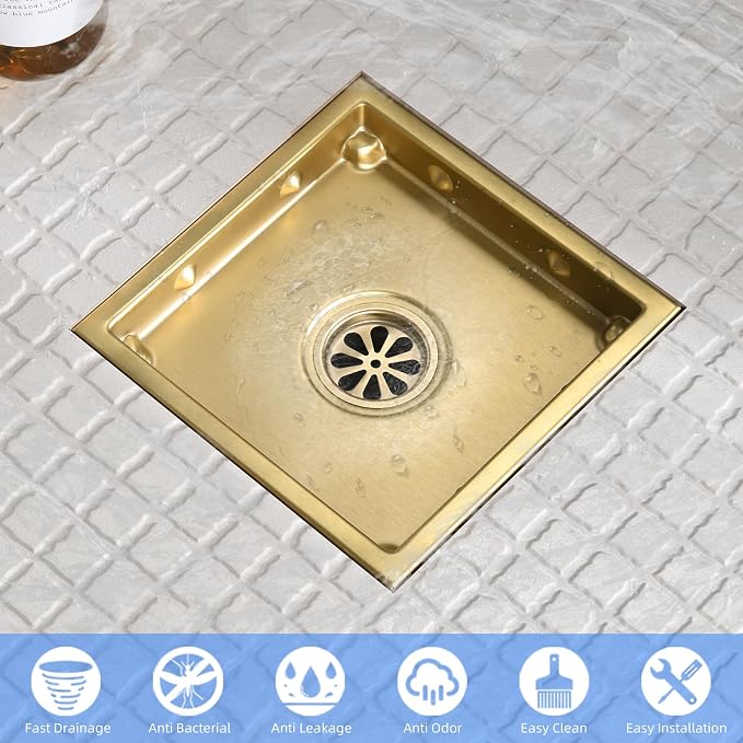 6-Inch Square Shower Drain, Brushed Gold Floor Drain with Flange, 304 Stainless Steel Bathroom 2-in-1 Tile Drain