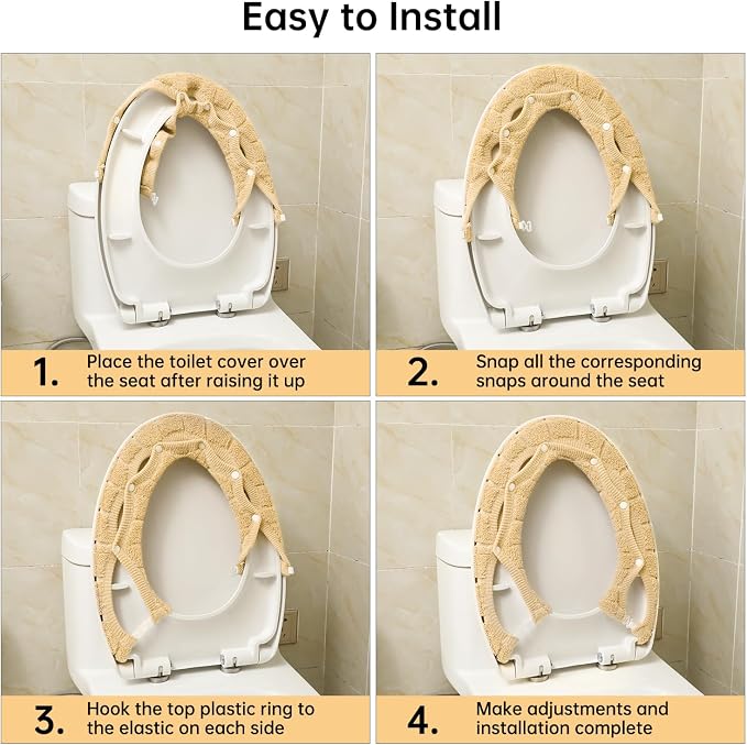 Toilet Seat Cover with Snaps Fixed,Thick Warmer,Machine Washable(beige) | soft thicker warm,easy to install,stretchable,non slip pad,stay in place,universal size,fit most toilet,reusable portable