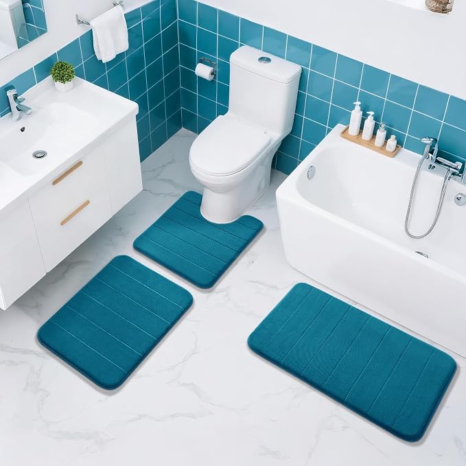 Yimobra Memory Foam Bath Mat, Super Soft Absorbent Bathroom Rug Non Slip 31.5x20 Inch, Quick Dry, Machine Washable Floor Carpet for Tub Shower, Home Decor Accessories, Peacock Blue
