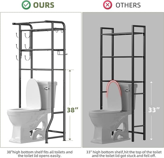 Simple Trending Over The Toilet Storage Cabinet, Metal Bathroom Shelf Organizer with Paper Holder and Hooks, 3 Tier, Black