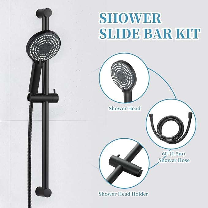 OFFO 6-Spray High Pressure Handheld Shower Head Combo with Adjustable 27 in Slide Bar and 60 in Stainless Steel Hose, Matte Black