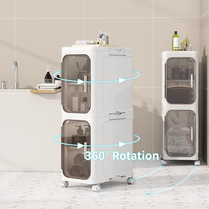 2 Tier Slim Bathroom Storage Cabinet, Foldable and Movable, White | Tools Free, ABS and PET, Magnetic Clear Door, Adjustable Shelves, Lockable Wheels, Water Resistant, For Narrow Space