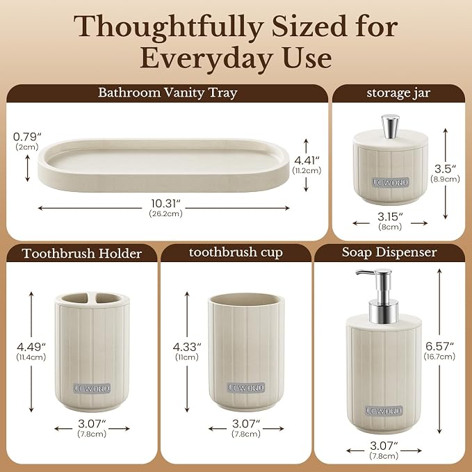 Cream Bathroom Accessory Set 5 Piece with Soap Dispenser, Storage Jar, Bathroom Counter Tray, Toothbrush Holder and Toothbrush Cup, Modern Stone-Effect Bathroom Countertop Decor Bath Sets