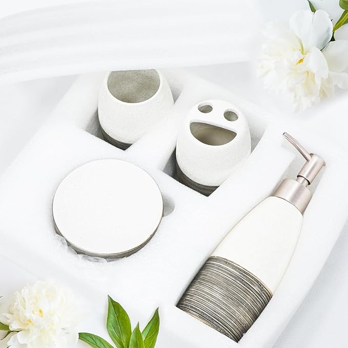 CERBIOR Bathroom Accessories Set,4 PCS Ceramic Bath Accessory,Grey White | Includes Toothbrush Holder, Toothbrush Cup, Soap Dish for Decorative Countertop and Housewarming Gift