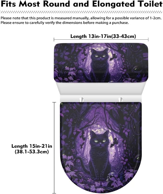 Black Cat Toilet Lid Covers for Bathroom Set Soft Toilet Seat Cover Set with Elastic Band Washable Elongated Halloween Decoration