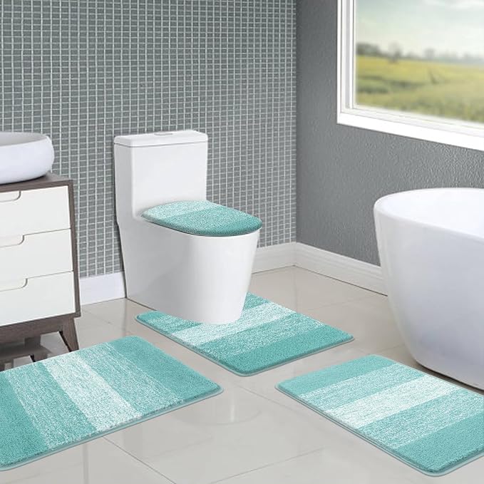 Bsmathom Bathroom Rug Set 4 Piece, Plush Microfiber Bath Mat, Teal | Super Water Absorbent, Non Slip Machine Washable Bath Rug Sets with Toilet Lid Cover and U-shaped Contour Toilet Mat
