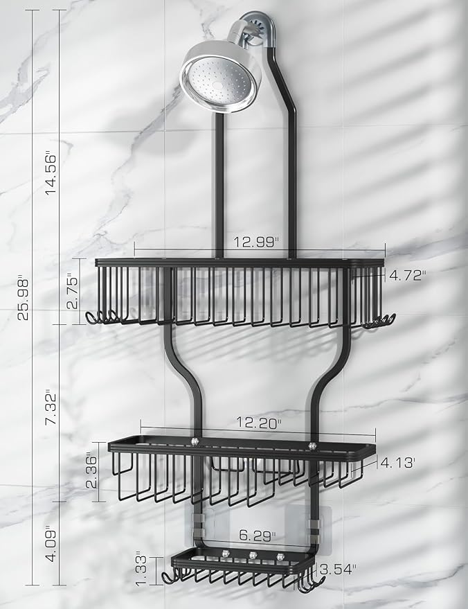 Never Rust Shower Caddy Hanging, Aluminum Shower Racks for Inside Shower, 3-Tier Shower Organizer Hanging Over Shower Head with Hooks and Soap Holder, Black