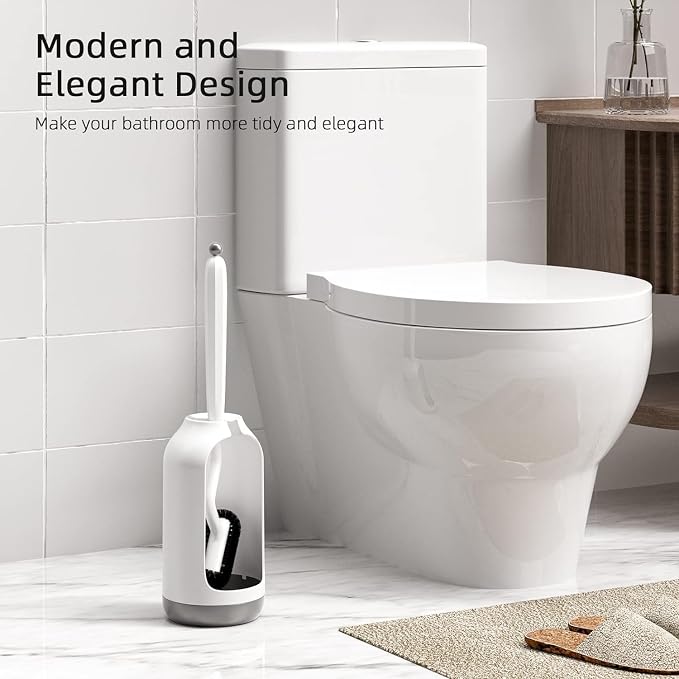 HAMITOR Toilet Bowl Brush Holder Set: 3 Pack Bathroom Deep Cleaning Toilet Cleaner Scrubber Under Rim with Curved Bristle for Dead Corner Clean - Hidden Rv Toilet Decorative Accessories with Caddy