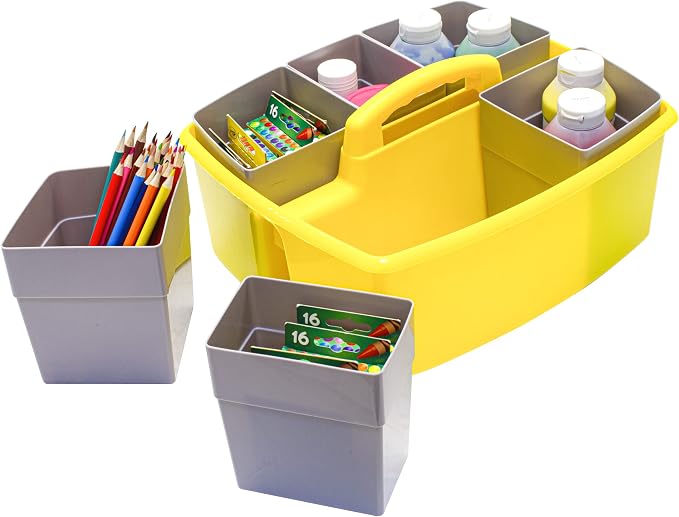 Storex Large Classroom Caddy with Cups, 13 x 11 x 6.575 Inches, Yellow, Case of 2 (00982U02C)