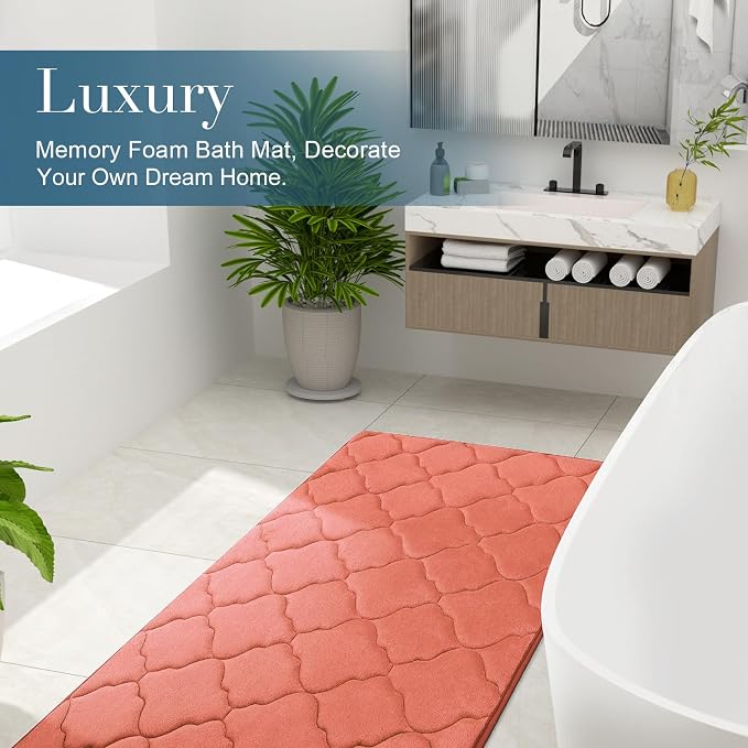 OLANLY Memory Foam Bath Mat Rug 36x24, Ultra Soft Bathroom Rugs, Coral | Thick Absorbent Carpet, Non-Slip Backing, Machine Washable, for Bathroom Floor, Tub, Shower and Home Decor Accessories