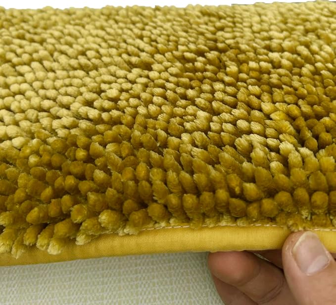 Madeals Chenille Bath Rug Set 3 Piece Bathroom Contour Rugs Combo, Soft Shaggy 2 Piece Bath Shower Mat and U-Shaped Toilet Floor Rug Golden