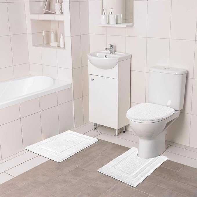 SHACOS White Bathroom Rugs Sets 3 Piece, Non Slip Soft Absorbent 16"x24" | Small Microfiber Bath Mat with Toilet Lid Cover, Shaggy Carpet U-Shaped Contour Toilet Rug, Machine Washable