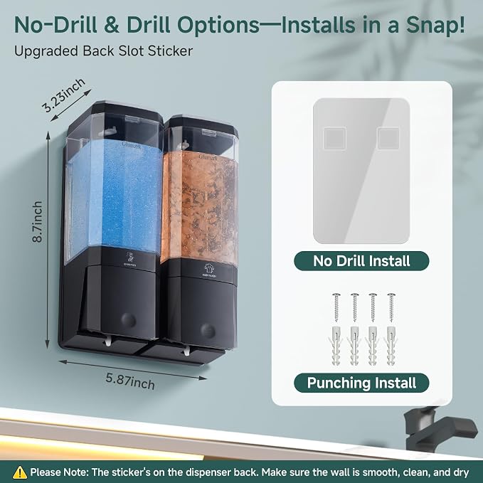 Shampoo and Conditioner Dispenser 2 Chamber No Drill Shampoo Dispenser for Shower Wall Mounted Shower Soap Dispenser 2 * 500ml Refillable Shower Dispenser for Bathroom Hotel(Black 2 Chamber)
