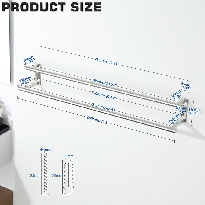 Alise 32 inch Double Towel Bar for Bathroom Wall Mounted, Brushed Nickel | SUS304 Stainless Steel, Bathroom Towel Holder Towel Hanger, Towel Racks for Bathroom, Labatory, Tower Drying Rack Towel Rail