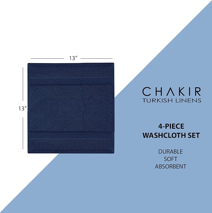 Chakir Turkish Linens | Hotel & Spa Quality 100% Cotton Premium Turkish Towels | Soft & Absorbent (4-Piece Washcloths, Navy) | 100% cotton washcloths, 4-pack 13x13, OEKO-TEX certified, soft absorbent face towels