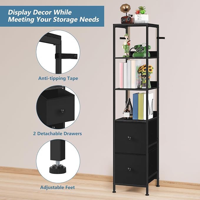 Tall Bathroom Storage Cabinet, 55.9'' Slim Bathroom Floor Cabinet with Fabric Drawers for Small Spaces, Narrow Storage Cabinet Shelves Bathroom Organizer Towel Rack for Living Room, Kitchen, Black