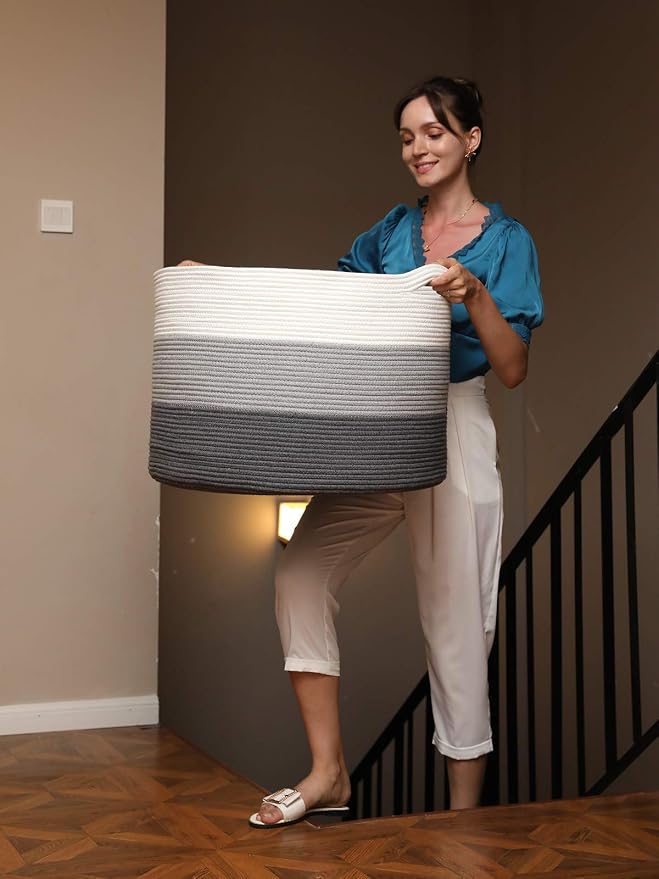 24" x 24" x 17" Max Size Large Cotton Rope Basket, Extra Large Storage Basket, Woven Laundry Hamper, Cloth Storage Bin, for Blankets Clothes Towels Pillows in Living Room, Grey/Dark Grey