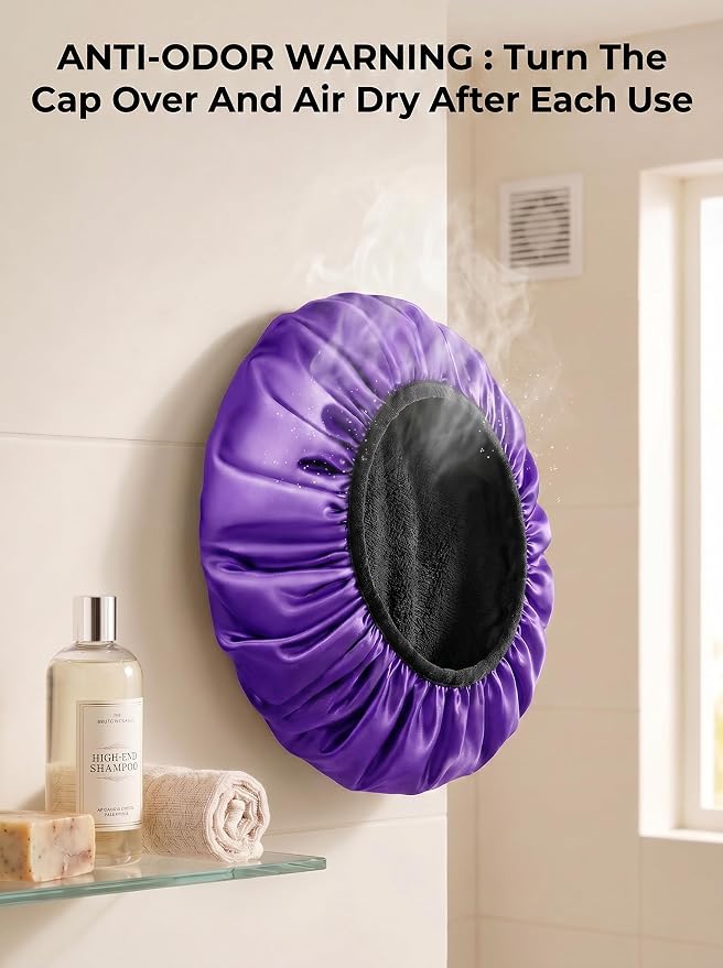 Aquior Shower Cap,Extra Large Triple Layer Bathing Cap with Dry Hair Function for Women Microfiber Terry Cloth Silky Satin 100% Waterproof Reusable Long Hair Bath Caps (Purple)