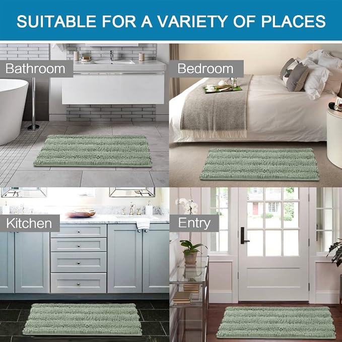 H.VERSAILTEX Bath Mats for Bathroom Non Slip Thick Chenille Striped Bath Rug Absorbent Fluffy Soft Shaggy Rugs Washable Dry Fast Plush Mats for Indoor, Bath Room, Tub - 17" x 24", Sage