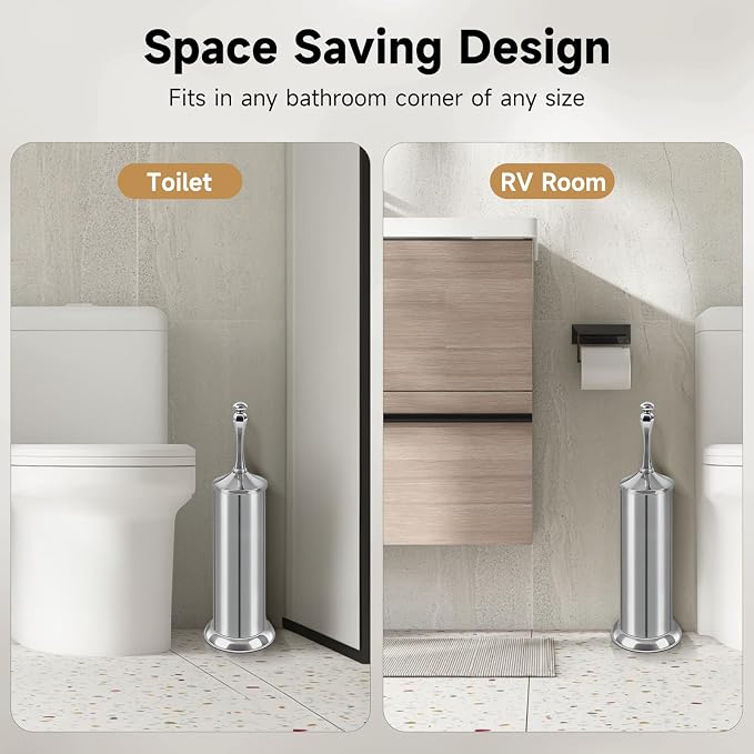 Silver Toilet Brush and Holder,Extra Long Handled Toilet Brush for Bathroom,Stainless Steel Heavy Duty Toilet Bowl Brush,Deep Cleaning Modern Toilet Cleaner Brush -Space Saving, Covered Brush