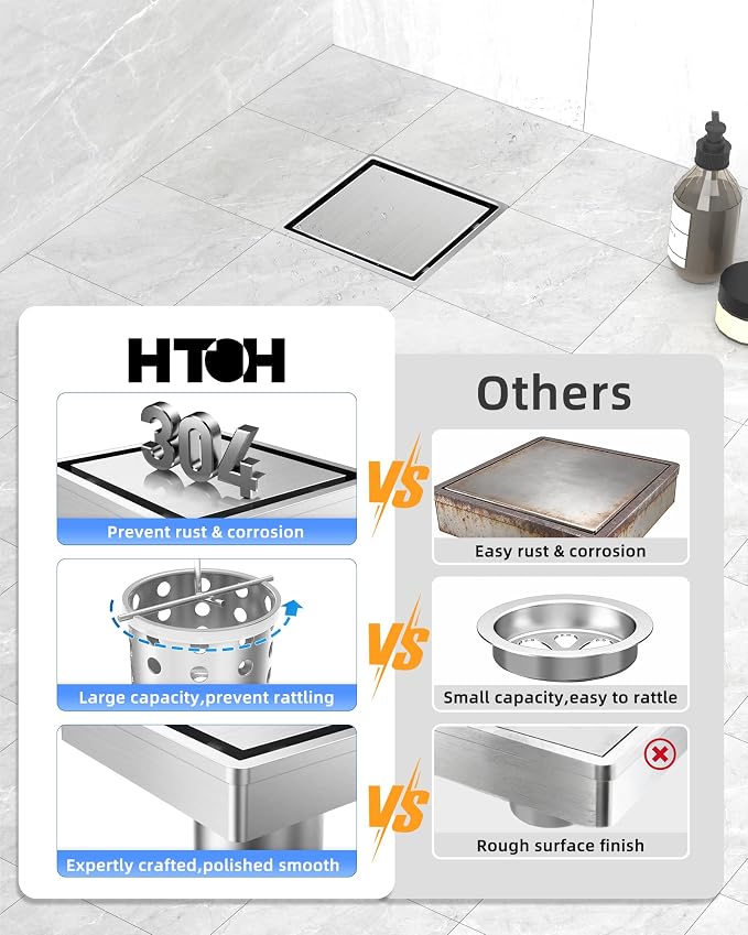 4 Inch Square Shower Drain, 2-in-1 Tiled Shower Drain - 304 Stainless Steel Square Shower Floor Drain for Bathroom, Brushed Nickel Drain Shower with Tile Insert Grate Removable, Hair Strainer