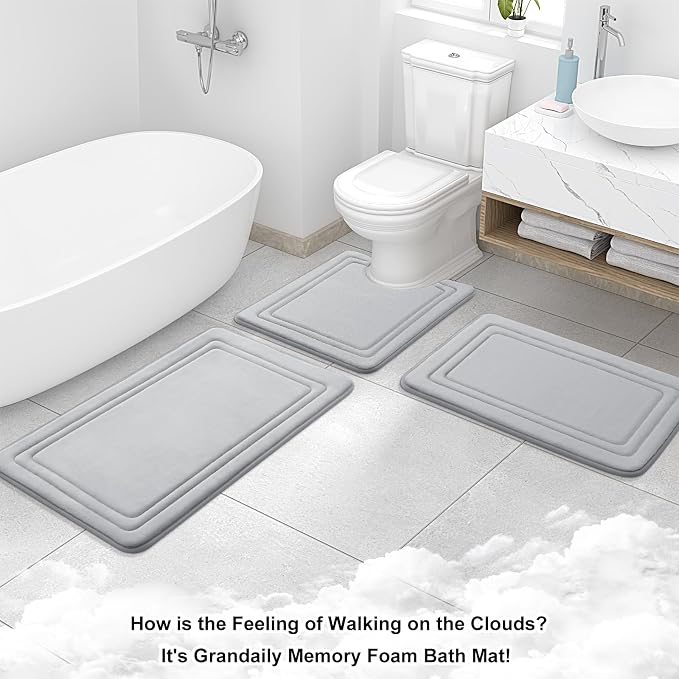 Grandaily Memory Foam Bath Mat Rug 47x17, Ultra Soft, Non-Slip and Absorbent Bathroom Rugs, Machine Wash Dry, Comfortable Bath Carpet for Bathroom Floor, Tub and Shower, Grey