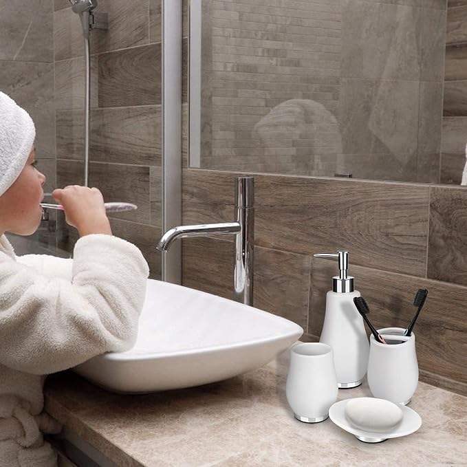 RQYIXI Ceramic 4-Piece Bathroom Accessories Set, White, Tulip Design | ceramic tulip-inspired curved design with stainless steel base modern countertop organization