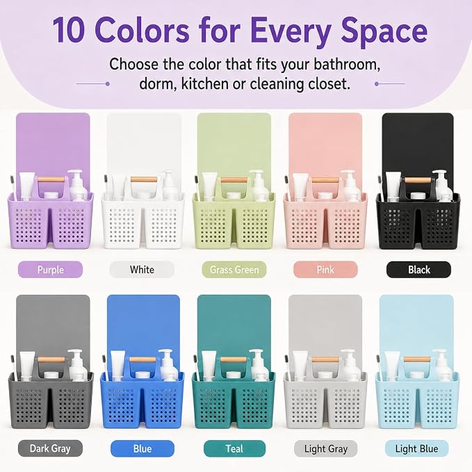 Portable Shower Caddy Basket with Wood Handle, 3-Compartment Bathroom Organizer Tote with Drain Holes, Plastic Shower Basket for Dorm, Toiletries, Cleaning Supplies, Purple
