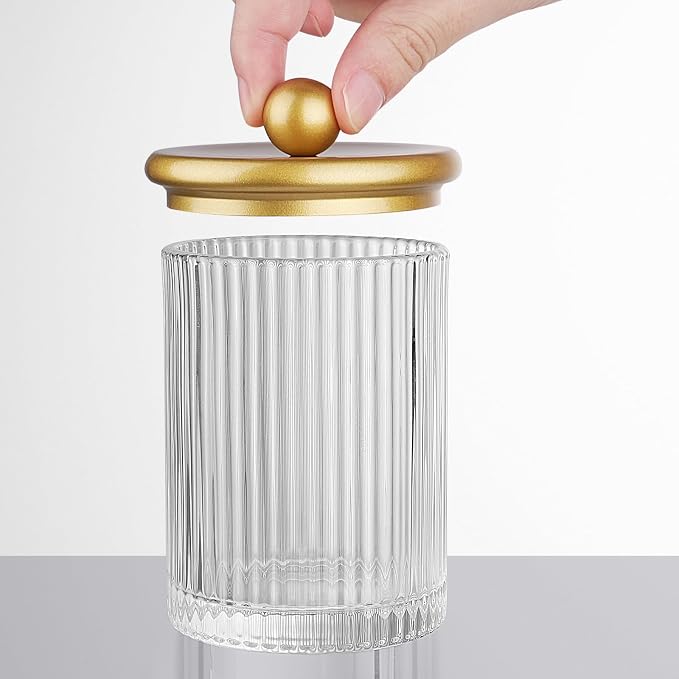 SheeChung 4 Pack Gold Ribbed Glass Qtip Holder with Metal Lids | Apothecary Jars Bathroom Organizer Countertop Vanity Canister Set for Cotton Swabs, Rounds, Floss Picks-Modern Luxury Decor