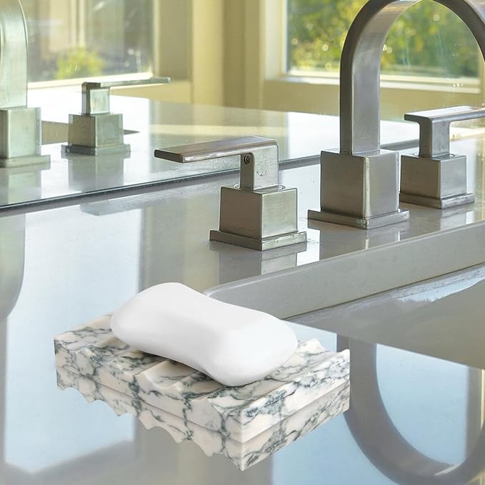 Luxury Marble Soap Dish Tray,Rectangle Stone Marble Soap Tray,Self Draining Soap Holder for Bathroom, Kitchen (Green Texture)