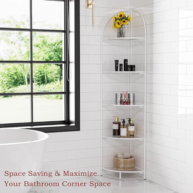 Crofy Foldable 5 Tier Corner Shelf, Metal Corner Plant Stand with White Frame and Transparent Shelves, Corner Display Rack Multipurpose Shelving Unit for Living Room, Bedroom, Bathroom