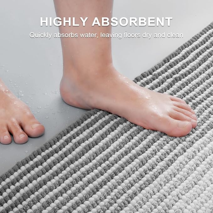Bathroom Rugs Sets 2 Piece, 32"x20" + U-Shaped 24"x20", Gray | Ultra Soft Absorbent, Chenille Contour Toilet Rug, Non Slip Striped, Quick Dry Machine Washable, Shower Rug for Bathroom