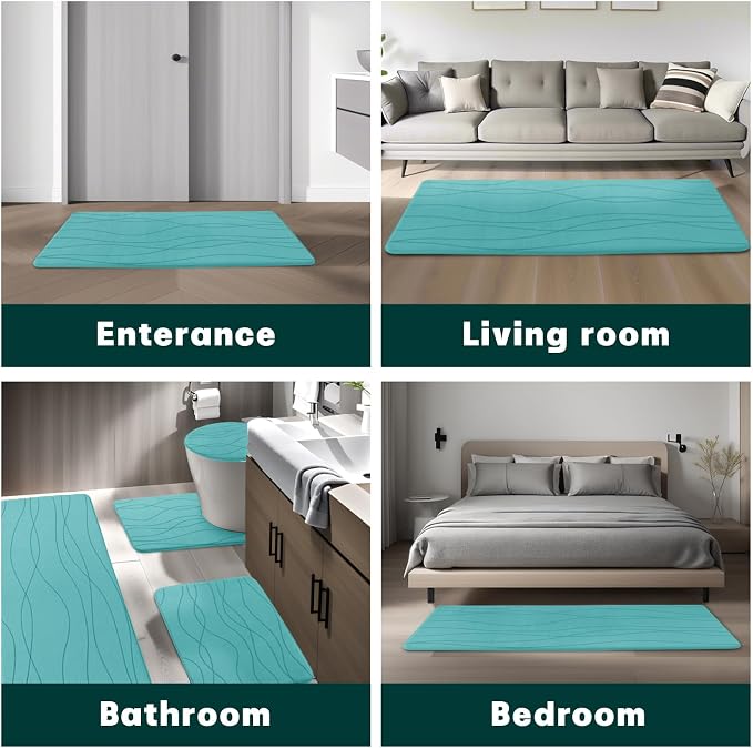 Bathroom Rugs Set 3 Piece, Memory Foam Bath Mat Teal | Ultra Soft, Absorbent, Non-Slip, Machine Washable, for Bathroom, Sink and Toilet