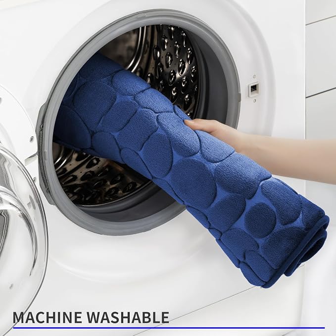 YIHOUSE Memory Foam Bath Mat Cobblestone Bathroom Rugs Super Water Absorbent Bath Mats for Bathroom Machine Washable Bath Rugs(20 x 24,Dark Blue)