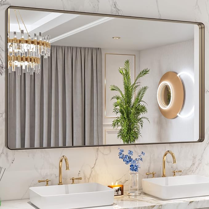 LOAAO 60"X36" Bronze Bathroom Mirror | Rounded Rectangle, Brushed Bronze Metal Frame, Anti-Rust, Tempered Glass, Hangs Horizontally or Vertically
